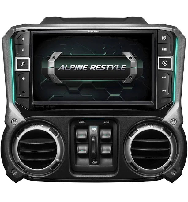 Alpine I509-Wra-JK Multimedia Receiver for Jeep Wrangler (JK) features a 9-inch touchscreen, Apple CarPlay & Android Auto, Bluetooth, 50W amp, RGB illumination, and weather-resistant design for enhanced in-car entertainment.