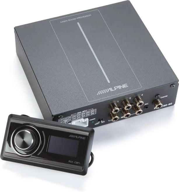 **Alt Image Text:** The Alpine PXE-C60-60 Optim6 6-Channel Sound Processor displayed in a stylish car interior, showcasing its sleek design and various connectivity options for an enhanced audio experience.