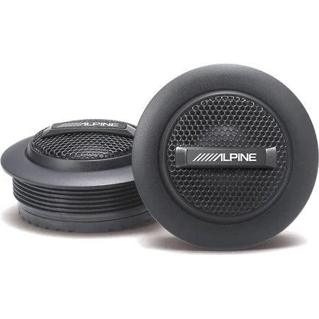 Alt image text: Alpine S-S10TW S-Series 1 Silk Dome Tweeters, featuring a sleek design with lightweight construction, ideal for delivering high-quality sound reproduction and easy installation for audio enthusiasts.
