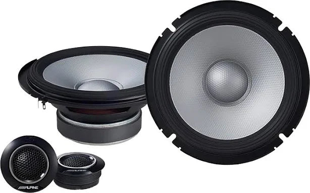 Alpine S2-S65C 6.5” component speakers featuring a robust woofer for bass, a soft dome tweeter for smooth highs, and durable moisture-resistant construction, delivering rich sound for any audio enthusiast.