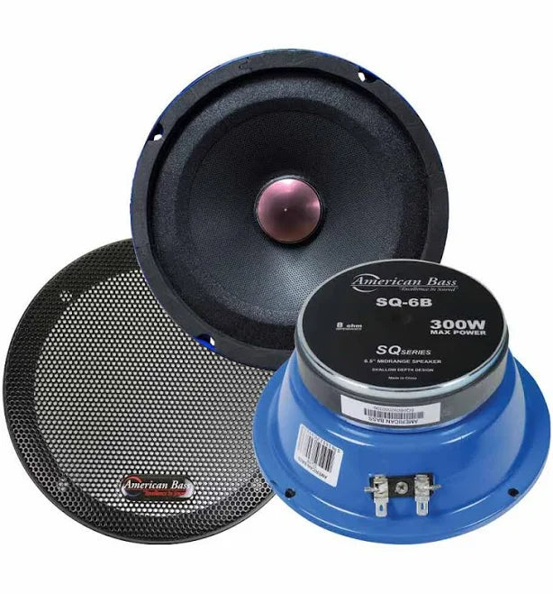 6.5-inch American Bass SQ-6B midrange speaker showcasing a polypropylene cone, designed for clear sound with 300W peak power. Perfect for audiophiles enhancing car or home audio systems.