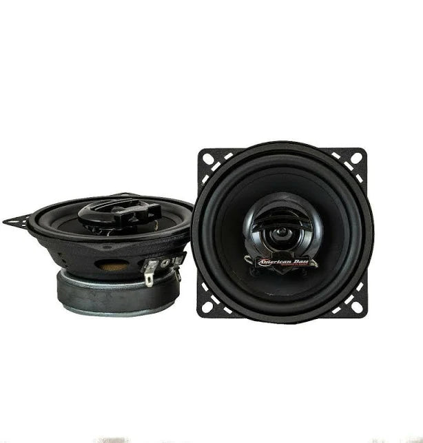 Introducing the American Bass Symphony Series 4 Coaxial Speakers – compact 4-inch speakers designed for exceptional sound clarity and depth, featuring durable construction, high sensitivity, and easy installation for an upgraded in-car audio experience.