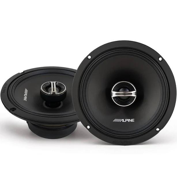 **Alt Image Text:** Alpine DM-65-G 6.5 M-Series 2-Way Coaxial Car Speakers displayed, showcasing a 6.5-inch woofer and silk dome tweeter, designed for deep bass and crystal-clear audio performance in vehicles.